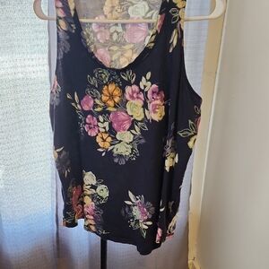 Floral V-Neck Tank Top - Navy and Multicolor